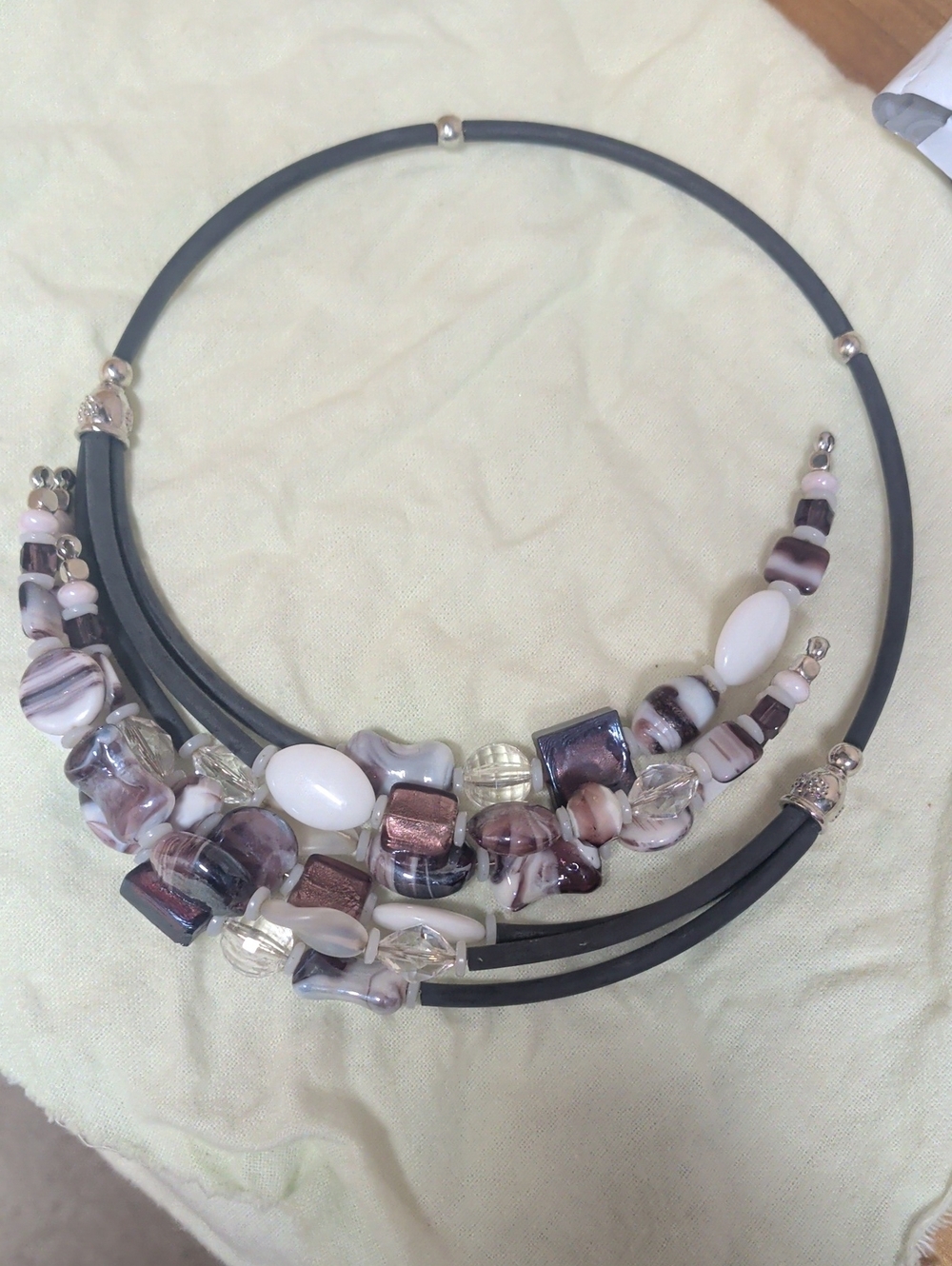 Boutique Wrap Multi-Strand Purple and White Beaded Silver Black Necklace